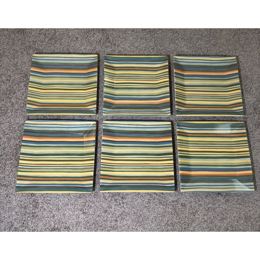 Tabletops Gallery Aurora Square Dinner Plates 10.25" Multicolor Striped LOT of 6